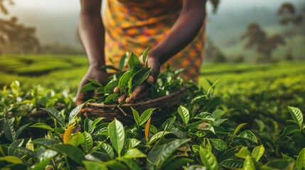 Hands African woman collects at a tea plantation pickers tea leaves, hard work. Low paid job