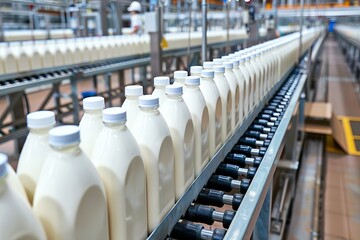 Efficient bottled milk production line in a typical factory for optimal dairy processing