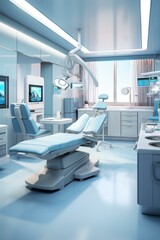 The interior of a modern dental clinic with a patient chair, dental tools, and a large window