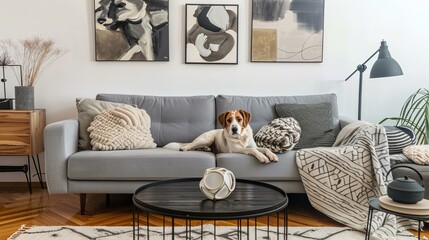 A cozy living room with a dog on the couch