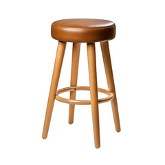 Round brown leather seat wooden stool with footrest isolated on white background