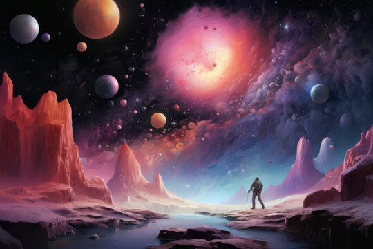 Illustration of cosmic planet with astronaut, discovery of the universe concept, travel into cosmos