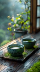 Two green tea cups on a wooden table by the window