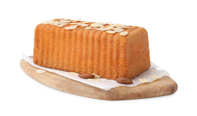 Cake with fresh almond flakes isolated on white