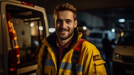 portrait of a young male paramedic in uniform smiling