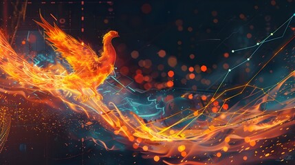 Dynamic Phoenix Rises from Fiery Flames Against Graph Backdrop