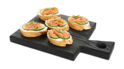 Tasty canapes with salmon, cucumber and cream cheese isolated on white