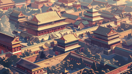 an aerial view of the Forbidden City in Beijing, China. It is a large, walled complex of palaces and temples that was once home to the Chinese emperor. The buildings are mostly red and yellow, and the - obrazy, fototapety, plakaty
