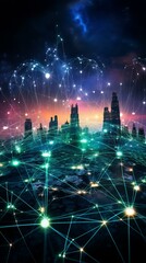 Obraz premium Cityscape of a smart city with a network of connections representing the Internet of Things (IoT) and 5G connectivity.