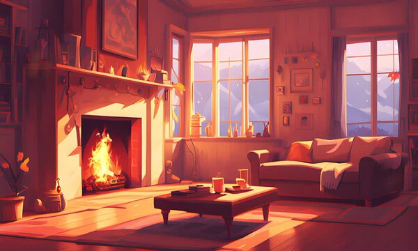 fireplace in the living room with cozy atmosphere in winter season. digital painting illustration with cartoon or anime style. seamless looping video animation background