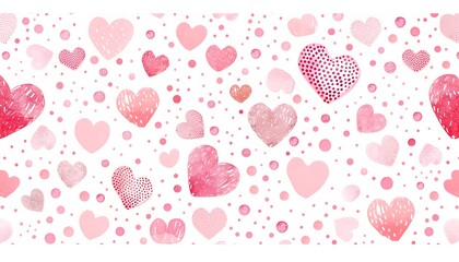 Pattern with pink hearts of different sizes on a white background
