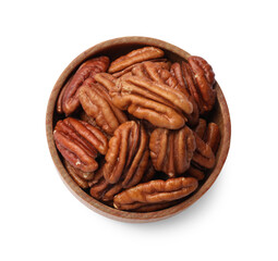 Tasty pecan nuts in bowl isolated on white, top view