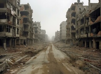Destroyed city street with ruined buildings after war
