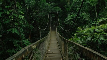 Wooden bridge across the forest with foliage around