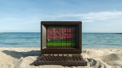 computer on a beach with data and code on screen - 801269794