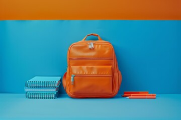 An orange backpack with school supplies against a blue and orange background