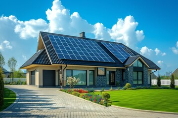 Naklejka premium Modern house with solar panels on the roof