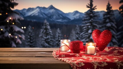 Scenic view of snow-capped mountains with lighted candles and heart-shaped decor in the foreground