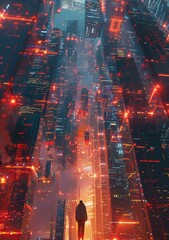 A lonely figure stands in the middle of a futuristic city surrounded by tall buildings