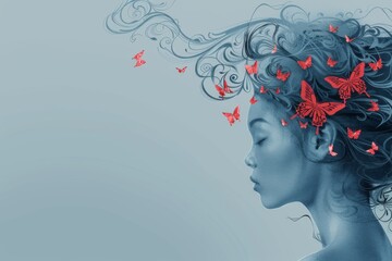 Serene Woman With Fluttering Red Butterflies in Her Flowing Hair