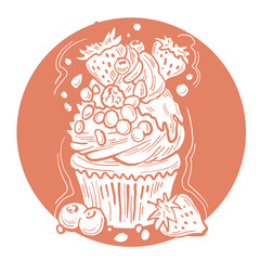 Sweet tasty dessert cupcake with cream and deco for morning breakfast in café or restaurant. Mini birthday cake for pleasure. Hand drawn colorful retro vintage illustration. Old style drawing.