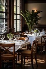 Fototapeta na wymiar Fine dining room with elegant table settings