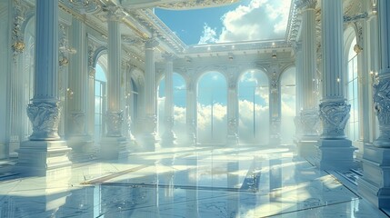 ornate white marble hall with blue sky and clouds