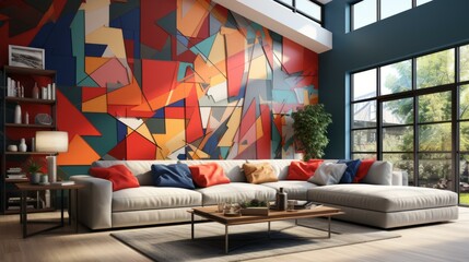 Modern geometric abstract painting on living room wall