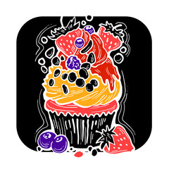 Sweet tasty dessert cupcake with cream and deco for morning breakfast in café or restaurant. Mini birthday cake for pleasure. Hand drawn colorful retro vintage illustration. Old style drawing.