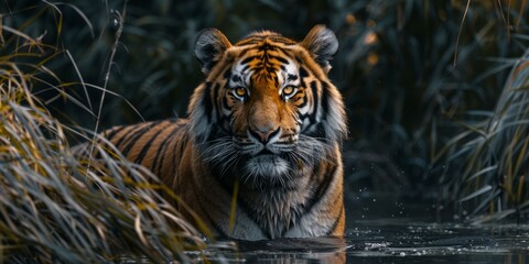 A tiger is standing in the middle of a river, staring at the camera