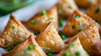 A delectable spread of Indian samosas, crispy on the outside and filled with flavorful spiced potatoes and peas, perfect for snacking or appetizers.