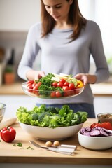 Obraz na płótnie Canvas Caucasian woman preparing a healthy salad in the kitchen