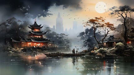 Oriental lake landscape with buildings and boat