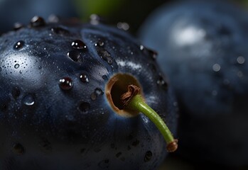 A close-up view of a blueberry's blue-black skin, its smooth surface glistening in the light, contrasting with its green stem, generative AI