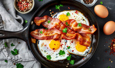 Eggs and bacon in a frying pan, top view, generated ai