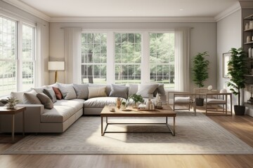 Bright airy living room with large windows and comfortable seating