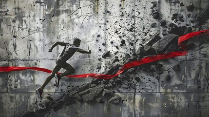 Silhouetted Runner Breaking Through Concrete Wall to Triumph