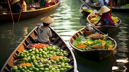 Obraz premium A bustling market with boats full of fresh produce