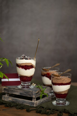 Selective focus rye bread traditional Latvian desert with cream and cranberries front view vertical