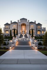 A magnificent mansion with a grand staircase and fountain in front
