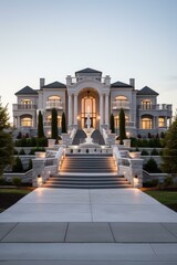 Obraz premium A magnificent mansion with a grand staircase and fountain in front