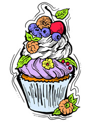 Sweet tasty dessert cupcake with cream and deco for morning breakfast in café or restaurant. Mini birthday cake for pleasure. Hand drawn colorful retro vintage illustration. Old style drawing.