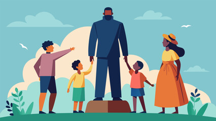 A family of four hand in hand gazing up at the towering statue of a brave abolitionist leader as their guide shares stories of courage and resilience. Vector illustration
