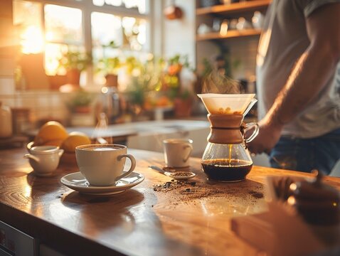 Man in the kitchen making coffee with a Chemex brewer