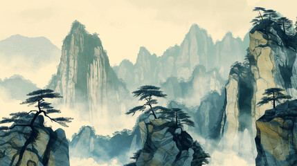 a Chinese painting of a mountain landscape. The mountains are in the background and are covered in mist. There are some trees in the foreground. The painting is done in a realistic style and the color