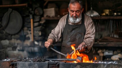 A blacksmith using traditional methods to forge iron in a historic village