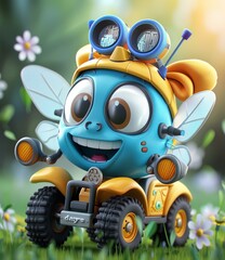 A cute blue and yellow cartoon character with wings and a propeller on its head is driving a yellow and black four-wheeler in a field of flowers.