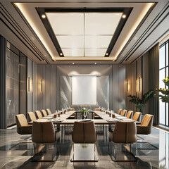 Interior of stylish open space office with grey and wooden walls, tiled floor and rows of wooden computer desks with white chairs. 3d rendering