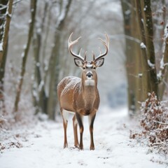 A majestic white-tailed deer stands in the snow