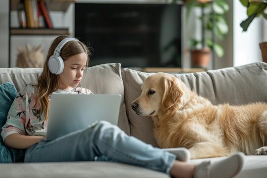 Little girl schoolgirl sitting on the sofa with a dog holding a laptop in her hands, concept of leisure time for children, distance learning online